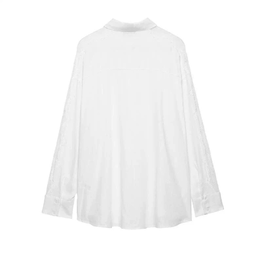 ZARA Versatile Summer Loose Fit Lace Trim Long Sleeve White Blouse